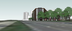 The proposed Greystar apartment project from the south side of West Lake Street looking west with CBC Apartments and the Lake Point Tower behind.