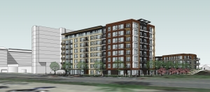 Proposed Greystar Apartment Project looking west across Lake Street with Calhoun Beach Club Apartments in the background.